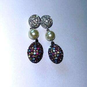Joan Boyce paved rhinestone multicolored egg drop pearl pierced earrings VTG